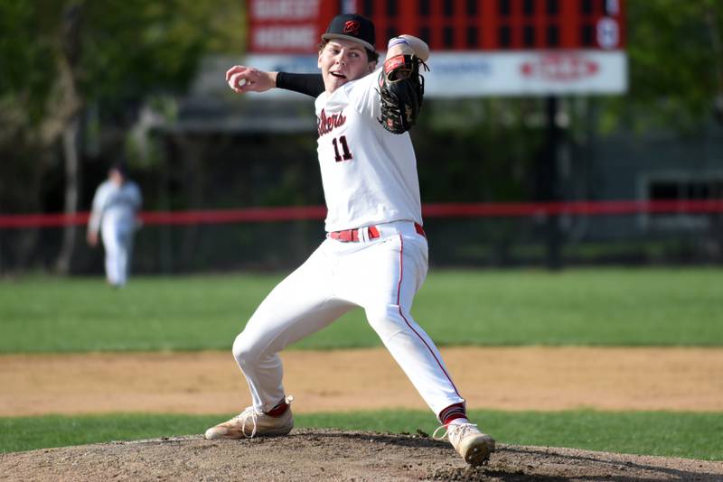 Bradley-Bourbonnais' Liam Martin throws a pitch during a home game against Lincoln-Way West Thursday, May 1, 2025.