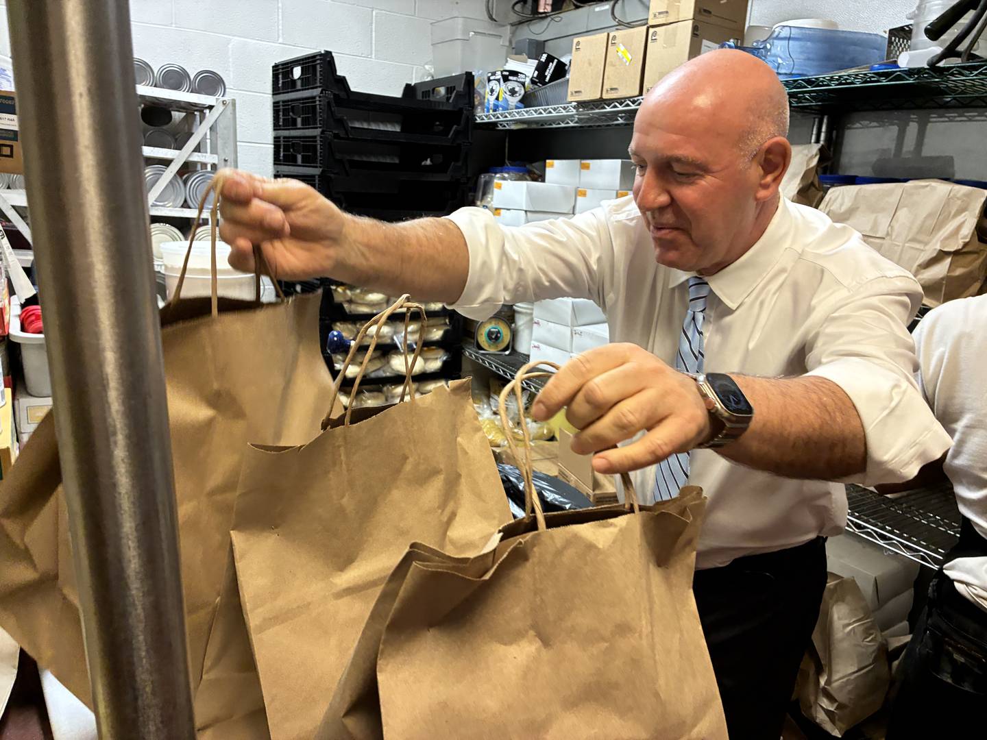 Steve Theofanous, owner of Around the Clock Restaurant, helped to get 47 dinners for seniors out the in Crystal Lake on Thursday, Nov. 27, 2025. This year, four restaurants around the county helped to ensure 160 seniors had a traditional meal for the holiday.