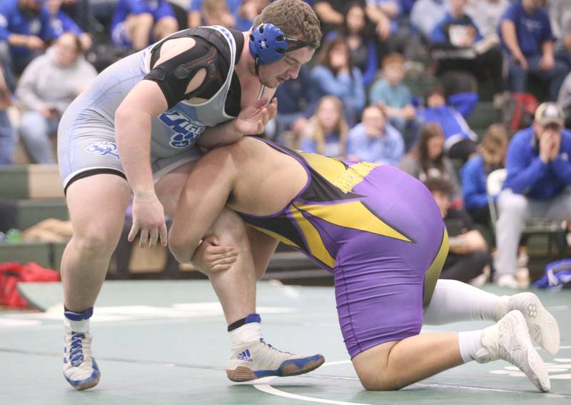 Mendota's Angil Serrano wrestles Princeton's Cade Odell in the 285 weight class during the Class 1A Regional meet on Saturday, Feb. 8, 2025 at St. Bede Academy.