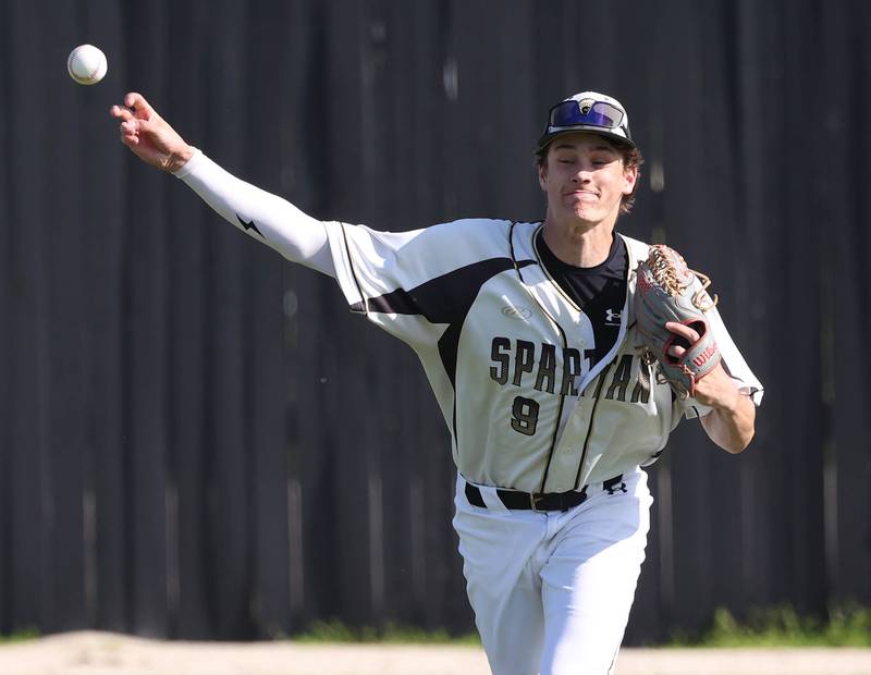Sycamore's Jackson MacDonald gets the ball back into the infield after a base hit during their game against Ottawa Tuesday, May 6, 2025, at the Sycamore Community Sports Complex.