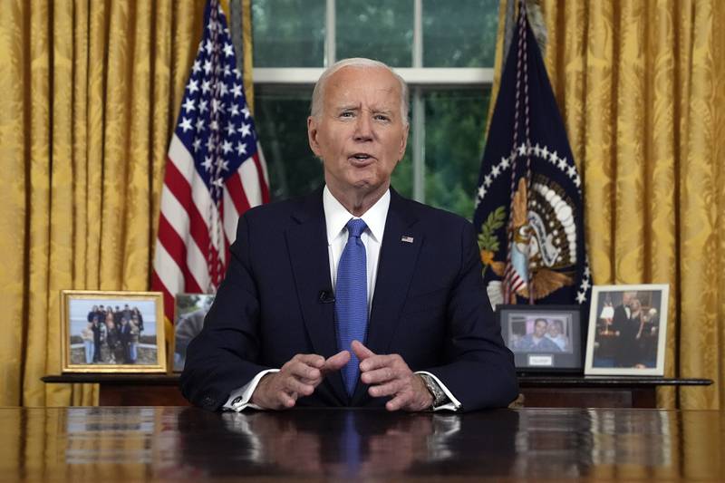 President Joe Biden addresses the nation from the Oval Office of the White House in Washington, Wednesday, July 24, 2024, about his decision to drop his Democratic presidential reelection bid. (AP Photo/Evan Vucci, Pool)
