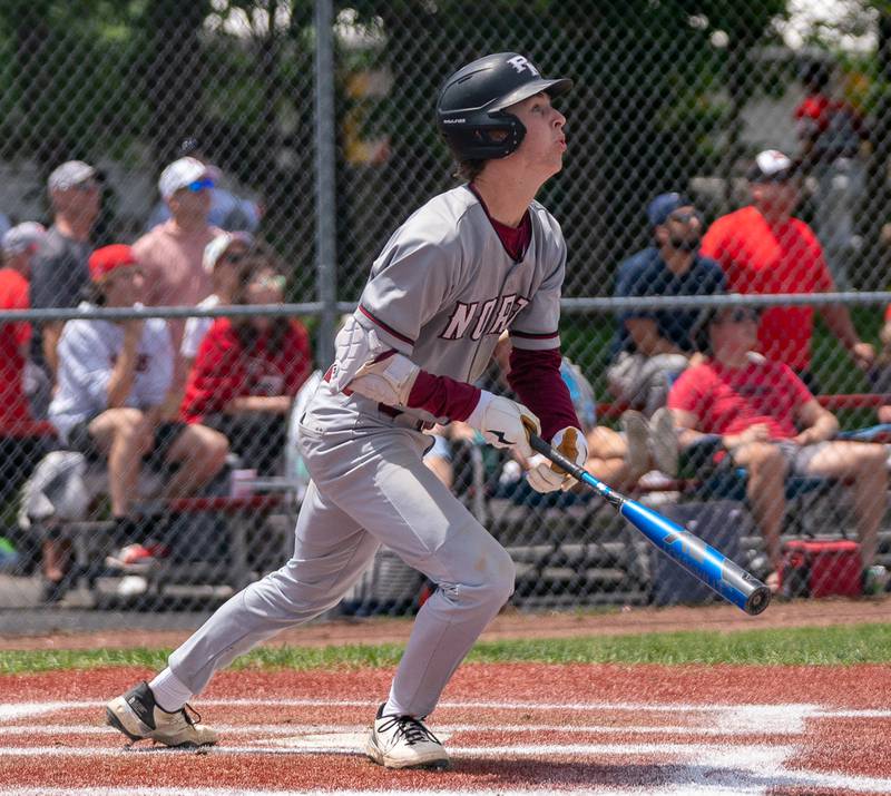 Plainfield North's Ryan Nelson (5) blasts a two run homer against Yorkville during the Class 4A Yorkville Regional baseball final at Yorkville High School on Saturday, May 28, 2022.