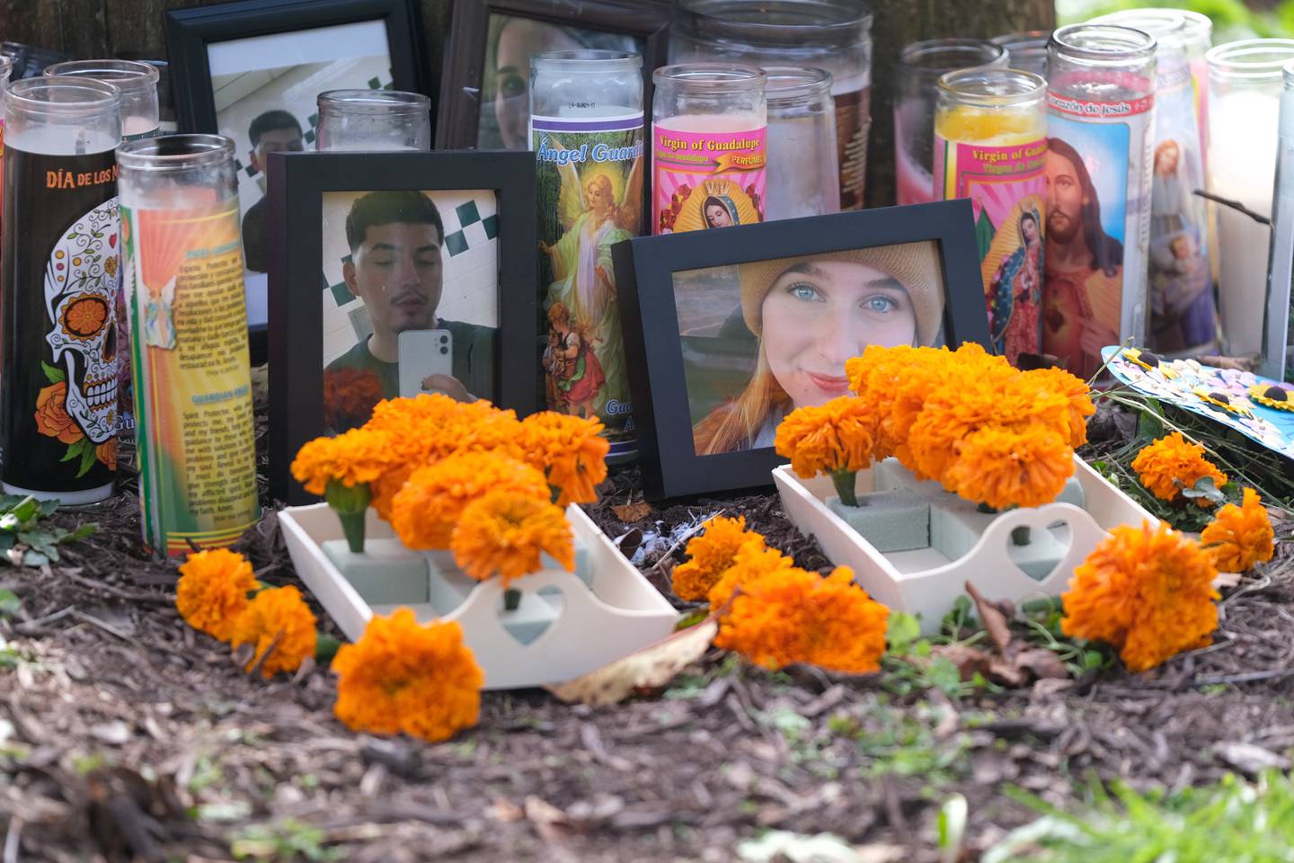 The memorial for Jonathan Ceballos and Holly Mathews, both 22, continues to grow outside the home of Oct. 31st mass shooting at a Halloween Party in Joliet on Wednesday, Nov. 3, 2021.
