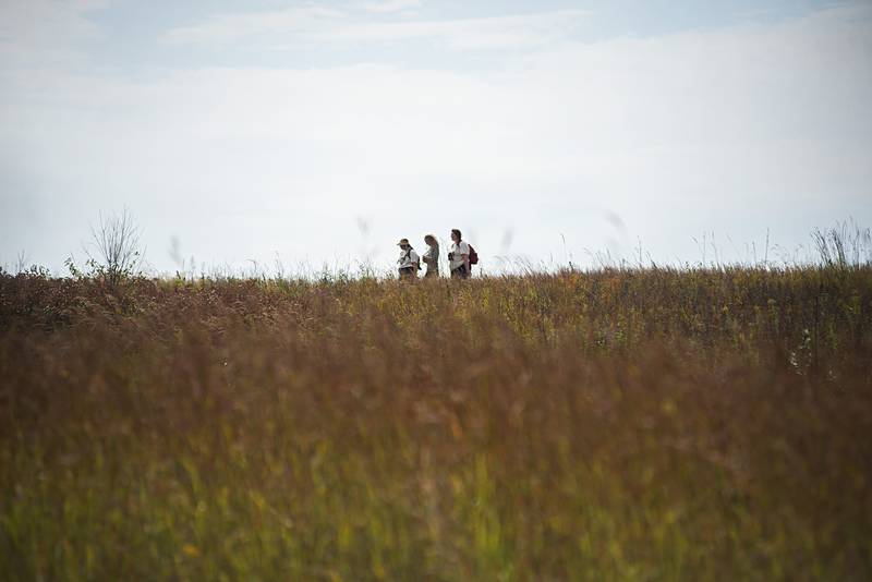 Hikers traverse the prairie on Saturday during Nachusa Grasslands’ annual Autumn on the Prairie. Visitors hiked, observed bison, and learned about prairie flora and fauna during the event.