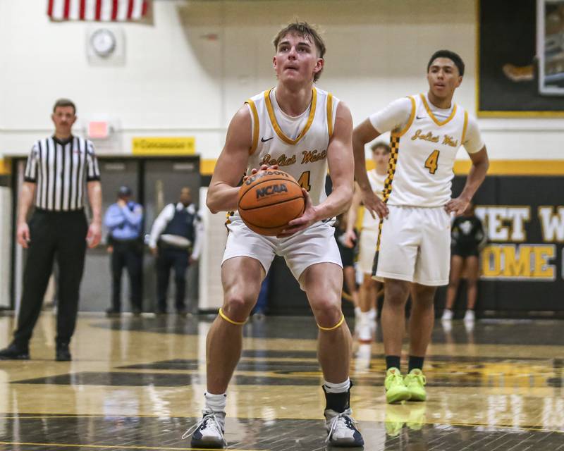 Joliet West's Ryan Lipke (24) shoots a free throw during their basketball game between Plainfield South at Joliet West, Feb 2, 2026 in Joliet.