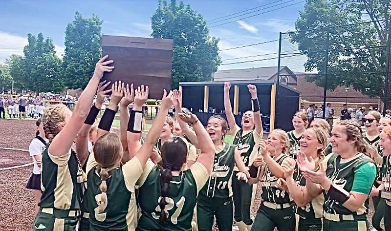 The St. Bede Bruins celebrate after beating Orangeville 6-1 to capture the Class 1A Sterling Supersectional crown Monday. St. Bede (27-7) advances to state to face Goreville (25-14) at 10 a.m. Friday in Peoria.
