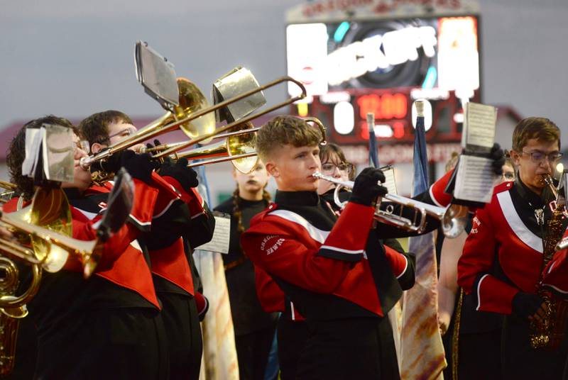 Members of the Oregon High School marching band perform before the start of the 2025 Homecoming football game with Rock Falls on Friday, Sept. 19, 2025 at Landers-Loomis Field in Oregon.