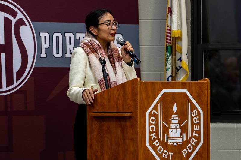 Dagmara “Dee” Avelar, Illinois 85th District State Representative addresses the crowd during the dinner portion of Lockport Township High School’s 11th Annual Veteran Night Celebration on Jan. 23, 2026.