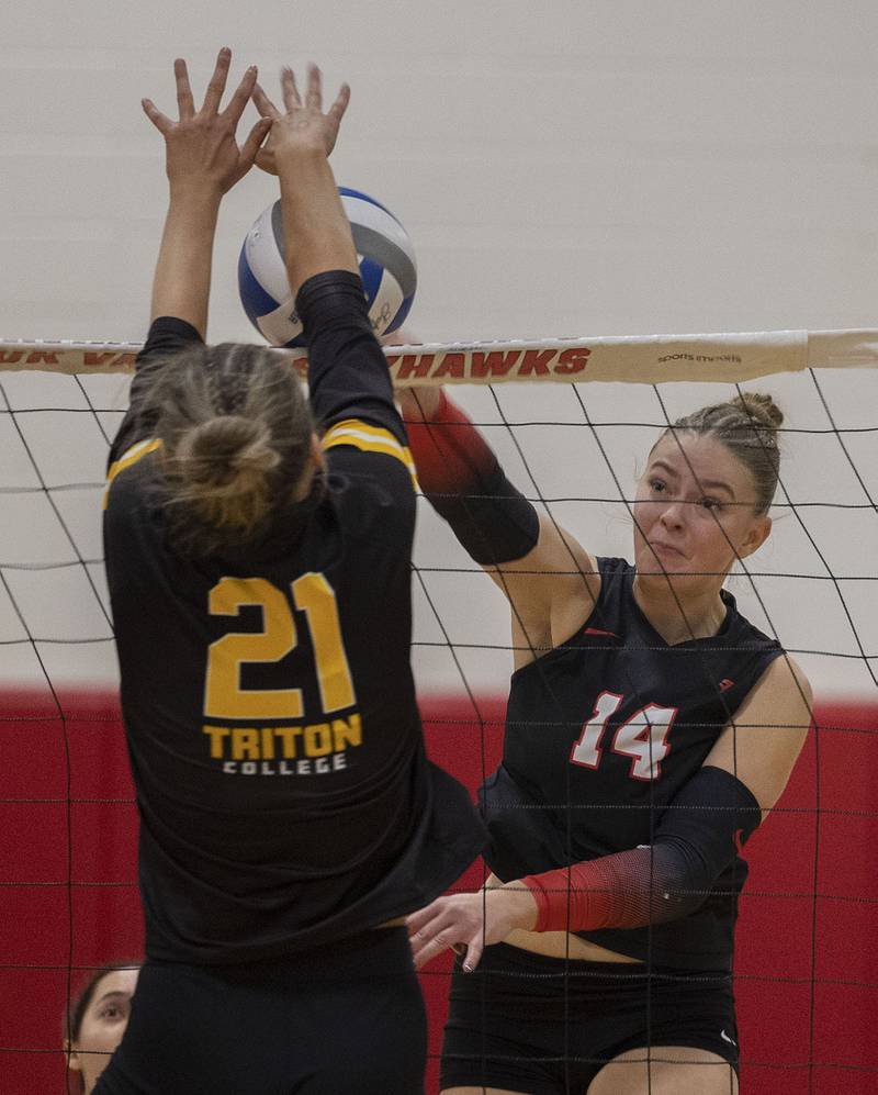 Sauk Valley’s Kailee Williams attempts a kill against Triton College Wednesday, Nov. 5, 2025, during the Regional IV tournament.