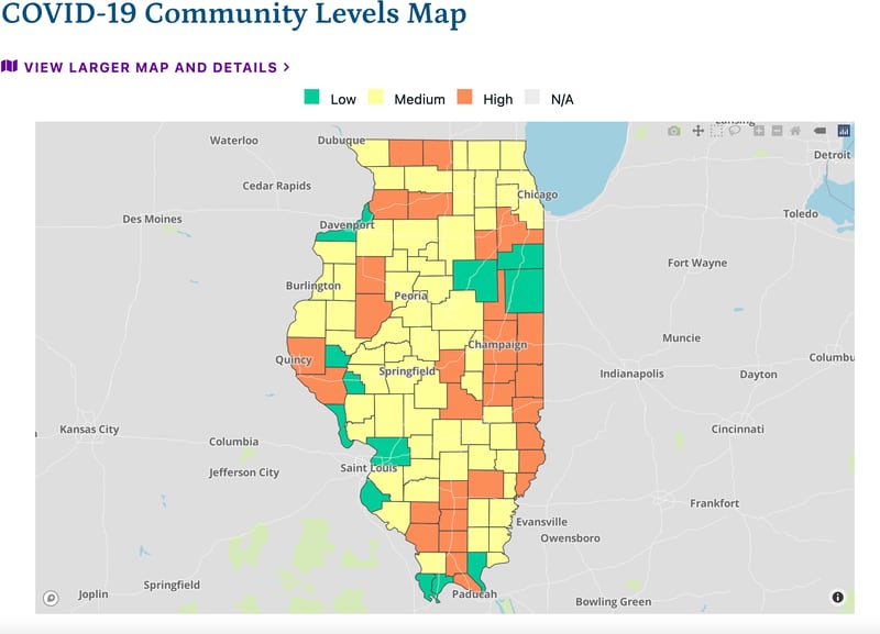 The latest COVID-19 community levels map, from the Illinois Department of Public Health, as of September 2, 2022