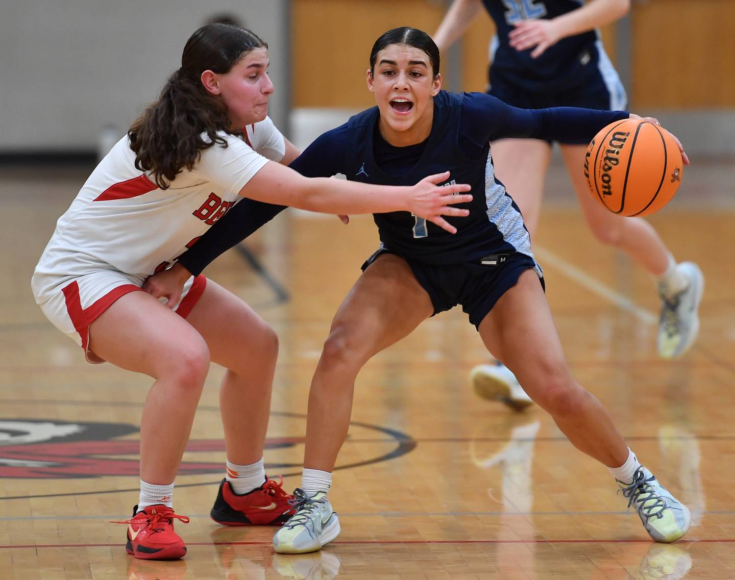 Nazareth’s Allia Von Schlegell (right) shouts as she is defended by Benet’s Aria Mazza during a game on January 29, 2025 at Benet Academy in Lisle.