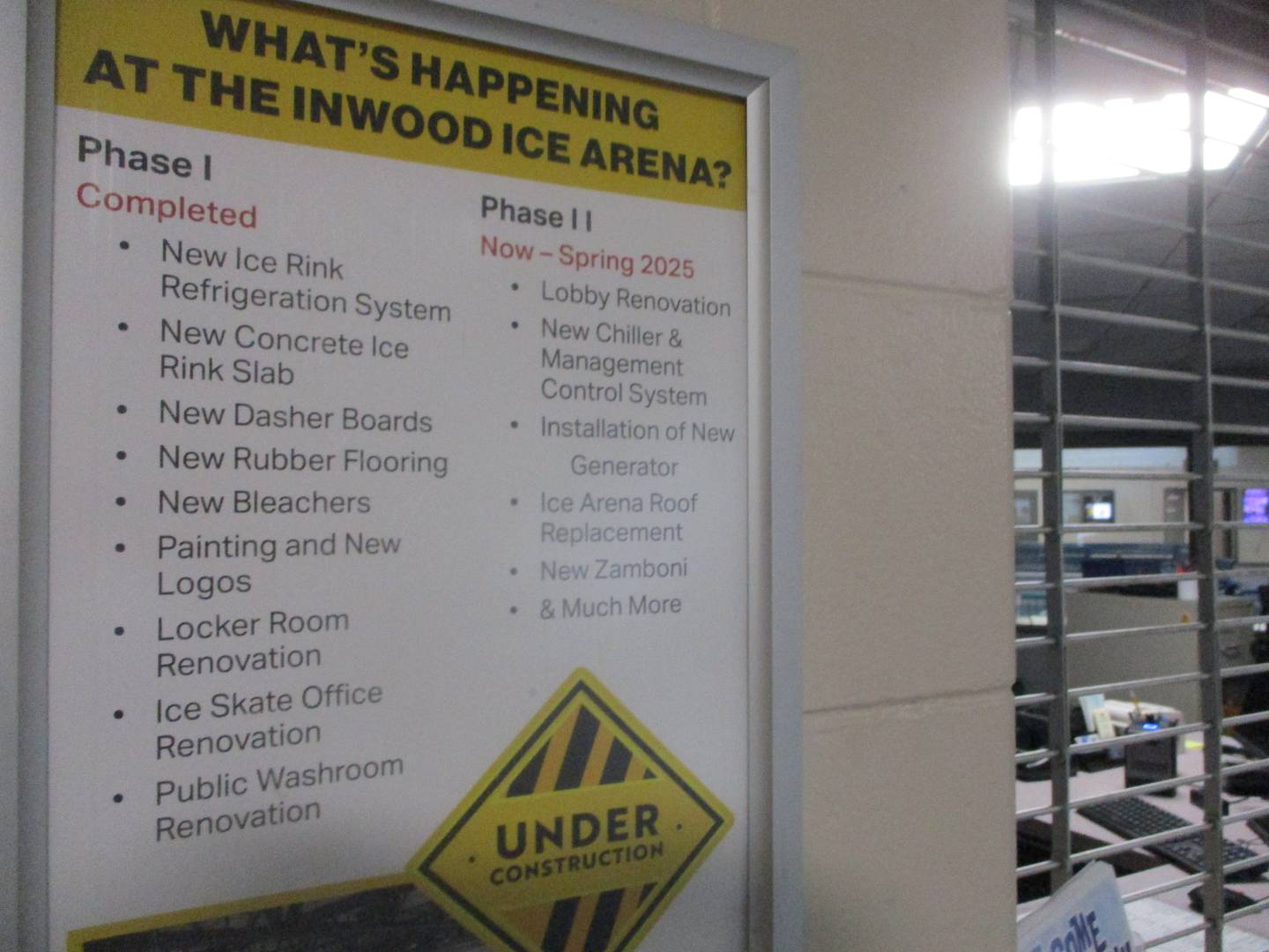 A sign outside the Inwood Ice Arena lists improvements being made at the Joliet Park District facility. Sept. 24, 2024