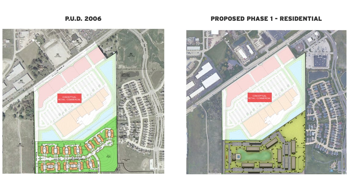 Concept map for the 306-unit Birchway apartment complex (right) proposed south of Route 34 in Oswego, compared to the previously planned urban development (left) in 2006.