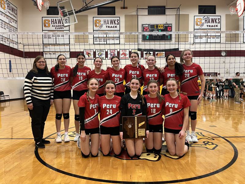 The Peru Parkside eighth grade volleyball team qualified for the IESA Class 3A state tournament. Pictured, front row (from left): Arley George, Emma Tomlinson, Annika Skoog, Mia Michaelson and Madyson Putman. Back row: Coach Lynda Kasik, Jalynn Sanders, Zariah Delgado, Charlie Slusarek, Parker McClain, Hope Antkowiak, Margaret Bumgarner, Isanya Roberson and Riley Russell.