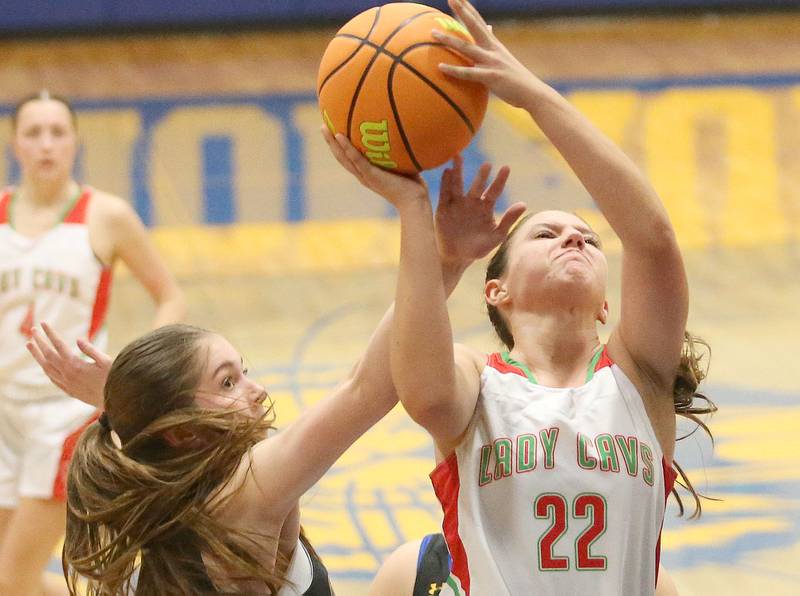 L-P's Brie Ruppert eyes the hoop as Somonauk's Aubrey Chiavario defends during the Tim Humes Breakout Tournament on Friday, Nov. 22, 2024 at Somonauk High school.
