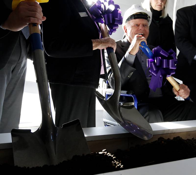 Former Sage Products Chairman and CEO and current Foglia Family Foundation Vice President Vince Foglia holds a shovel Wednesday, Oct. 19, 2022, during the ceremonial groundbreaking for McHenry County College’s Foglia Center for Advanced Technology and Innovation at the Crystal Lake campus.  During the ceremony, speakers spoke about the future of learning in the new center along with education's role in economic development.