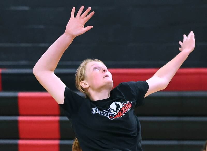 Indian Creek’s Allie Peterson goes up for a spike during practice Tuesday, Aug. 13, 2024, at the school in Shabbona.