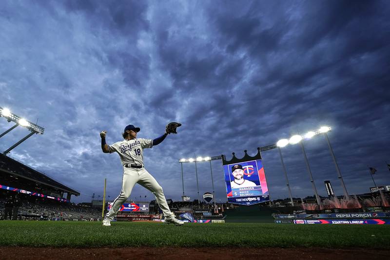 Kansas City Royals' Nate Eaton warms up before a baseball game against the Minnesota Twins in Kansas City, Mo., Wednesday, Sept. 21, 2022. (AP Photo/Charlie Riedel)