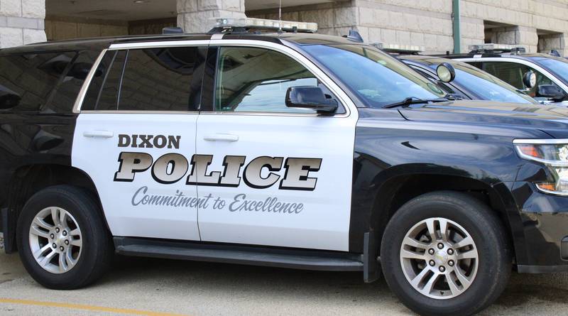 Dixon police squad car is parked at the headquarters for police and fire.