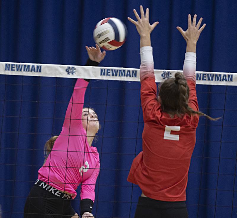 Newman’s Sophia Ely hammers a shot against Oregon’s Daleanah Koertner Wednesday, Sept. 6, 2023 in a game at Newman High School.