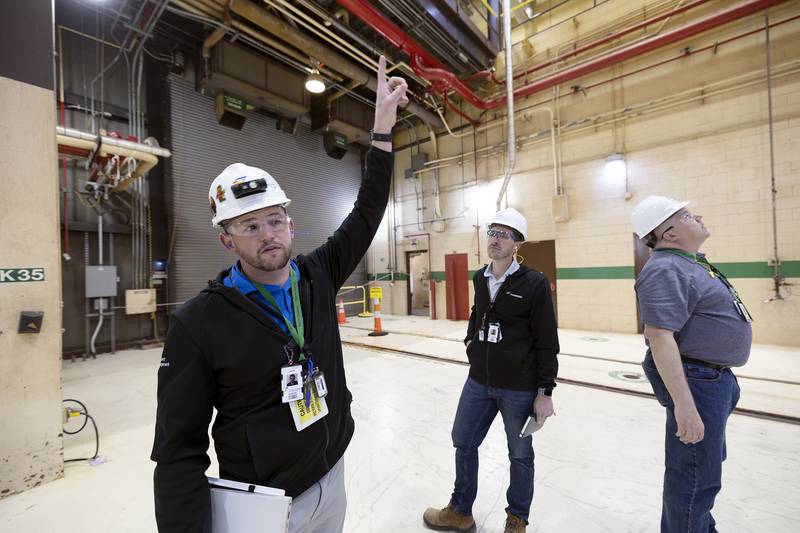 Project Manager Justin Shippert gestures Wednesday, April 16, 2025, while talking about an upcoming upgrade at Byron nuclear power station. New turbines and electrical systems will be put in place at the station in 2026.