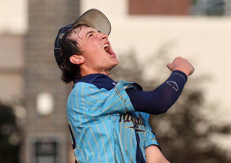 Marquette's Griffin Dobberstein celebrates after the last out Monday, June 2, 2025, in their Class 1A supersectional win over Fulton at Northern Illinois University in DeKalb.
