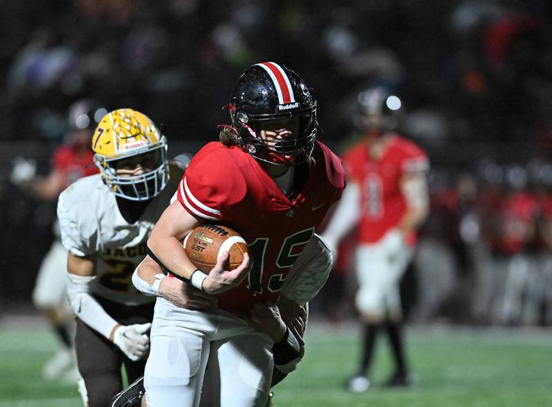 Lincoln-Way Central's Tyler Tulk runs the ball during the class 7A first round  playoff game against Jacob on Friday, Oct. 27, 2023, at New Lenox. (Dean Reid for Shaw Local News Network)