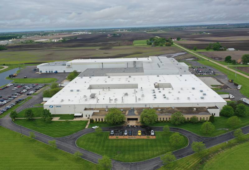 An aerial view Eakas Corp. on Tuesday, May 7, 2024 north of Peru. Eakas Corp. purchased 80 acres owned by the Illinois Valley YMCA in April for 2 million to expand their company. Eakas is a manufacturer of functional and decorative parts for the automotive industry, such as door handles and rearview mirrors. Construction will begin this summer and be completed in 2025.