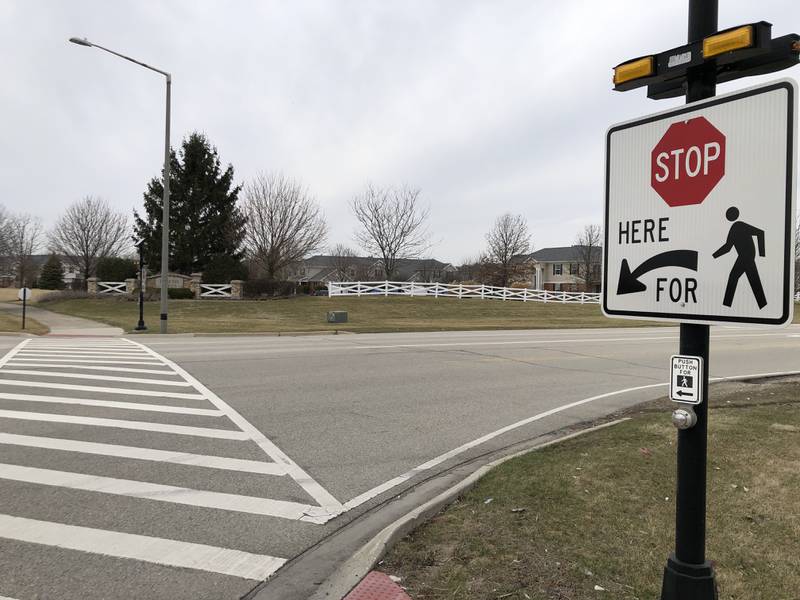 The city of McHenry is considering options to make the Curran Road/Dartmoor Drive intersection safer. The intersection, seen here on Tuesday, March 18, 2025, has seen seven crashed in three years, including one were a child was hit in December 2023.
