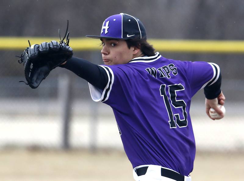 Hampshire's Jaryd Vence throws a pitch during a non-conference baseball game Wednesday, March 30, 2022, between Marengo and Hampshire at Marengo High School.