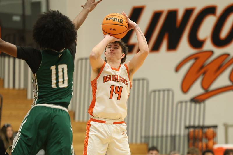 Lincoln-Way West’s Drake Been hits the three point shot against Plainfield Central on Saturday, Jan 3, 2026 in New Lenox.