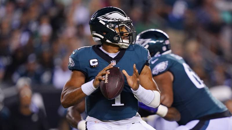 Philadelphia Eagles quarterback Jalen Hurts in action during an NFL football game, Monday, Sept. 19, 2022, in Philadelphia. (AP Photo/Matt Rourke)