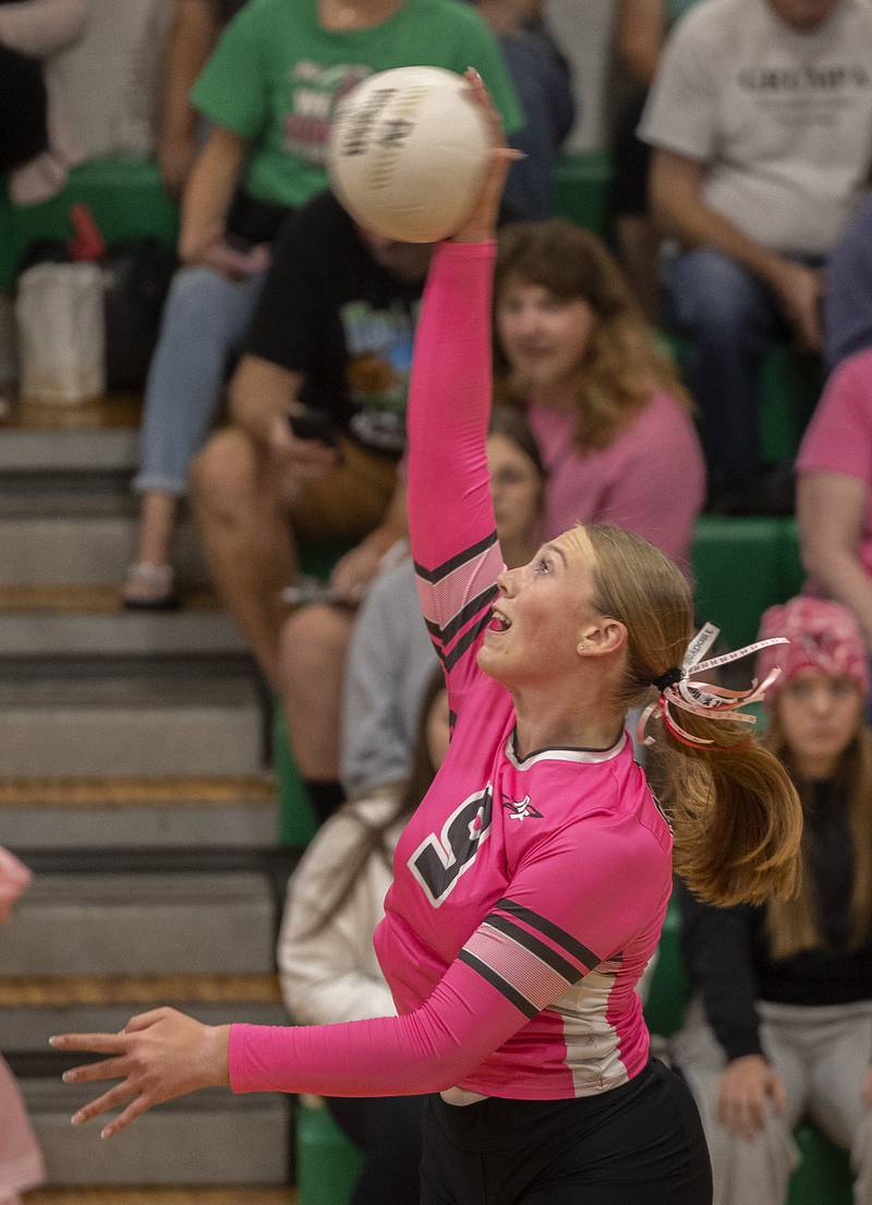 Rock Falls' Kayla Hackbarth hammers a shot against North Boone Tuesday, Oct. 14, 2025.