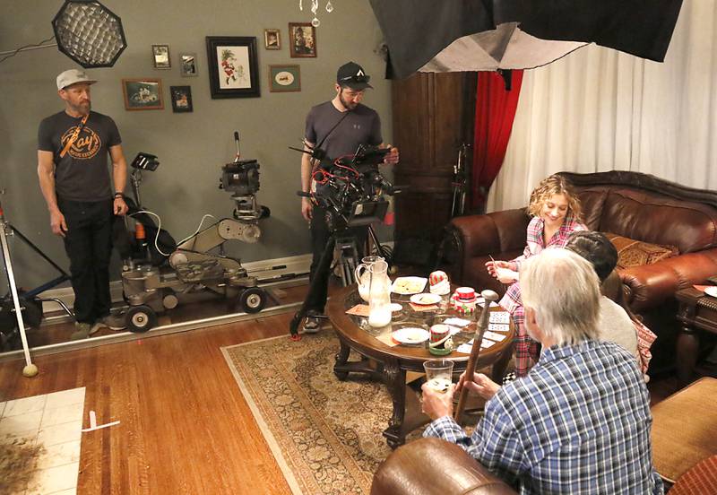 A scene for the “Exes of Christmas Past,” is filmed on Friday April 25, 2025, at the Cherry Tree Inn in Woodstock.
