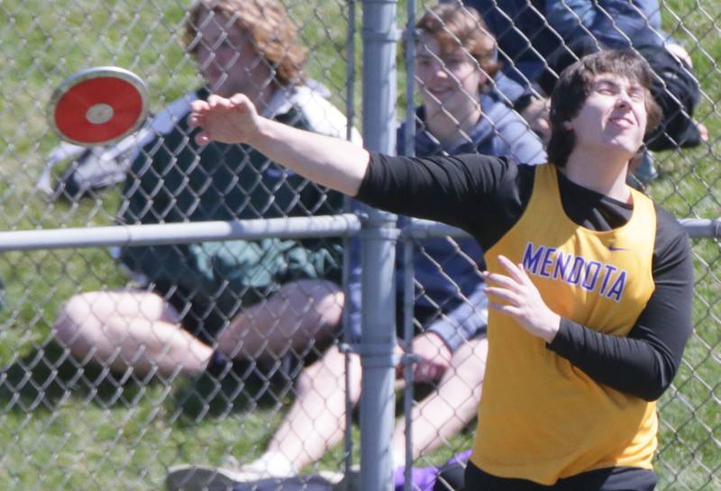Mendota's Neal Linden throws discus during the Rollie Morris Invite on Saturday, April 16, 2022 at Hall High School in Spring Valley.
