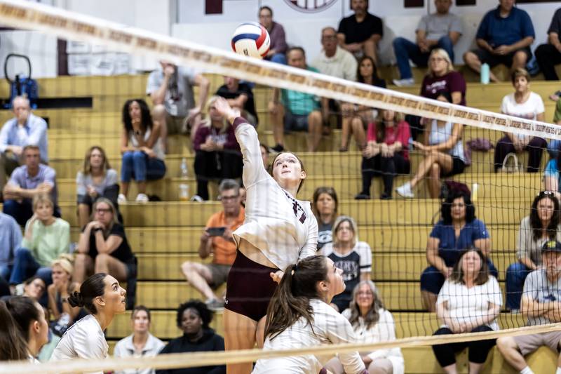 Lockport's Bridget Ferriter approaches the net during a varsity volleyball home game against Joliet West on Sept. 17, 2025.