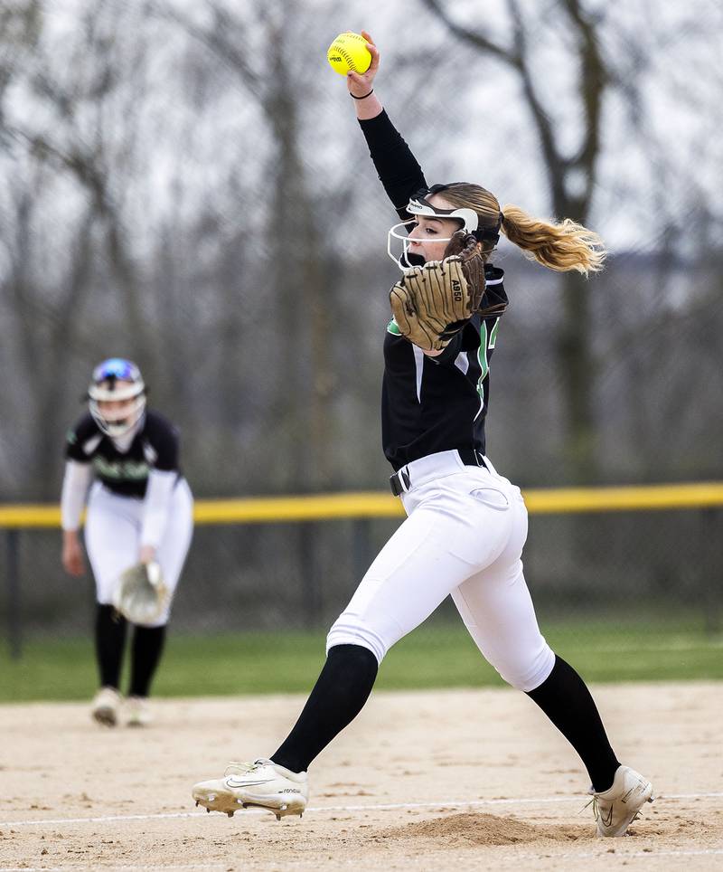 Rock Falls’ Zoey Silva fires a pitch against Rockford Lutheran Thursday, April 10, 2025.