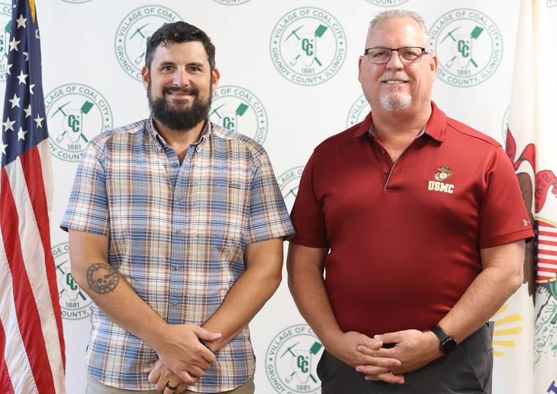 Coal City trustee Chris Lauterbur and Coal City Mayor Dave Spesia, both veterans of the armed forces, pose for a photo on Thursday, Sept. 26, 2024.