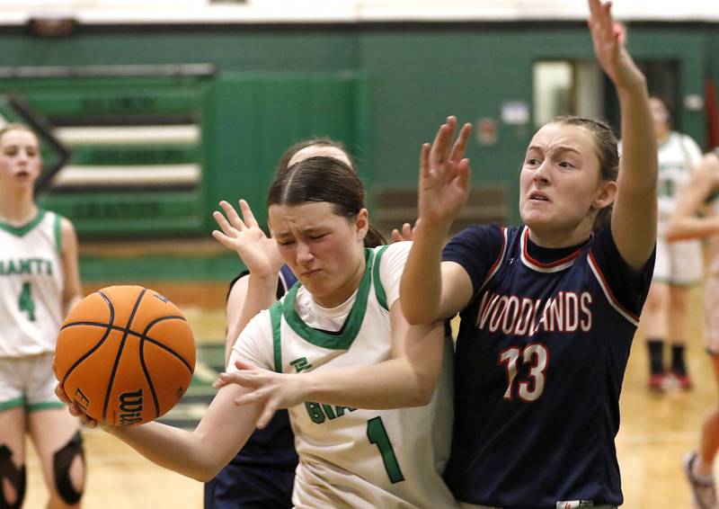 Alden-Hebron's Hayden Smith is founded by Woodlands Academy's MacKenzie Lockhart during a nononference girls basketball game on Thursday, Jan. 29, 2026, at Alden-Hebron High School in Hebron.