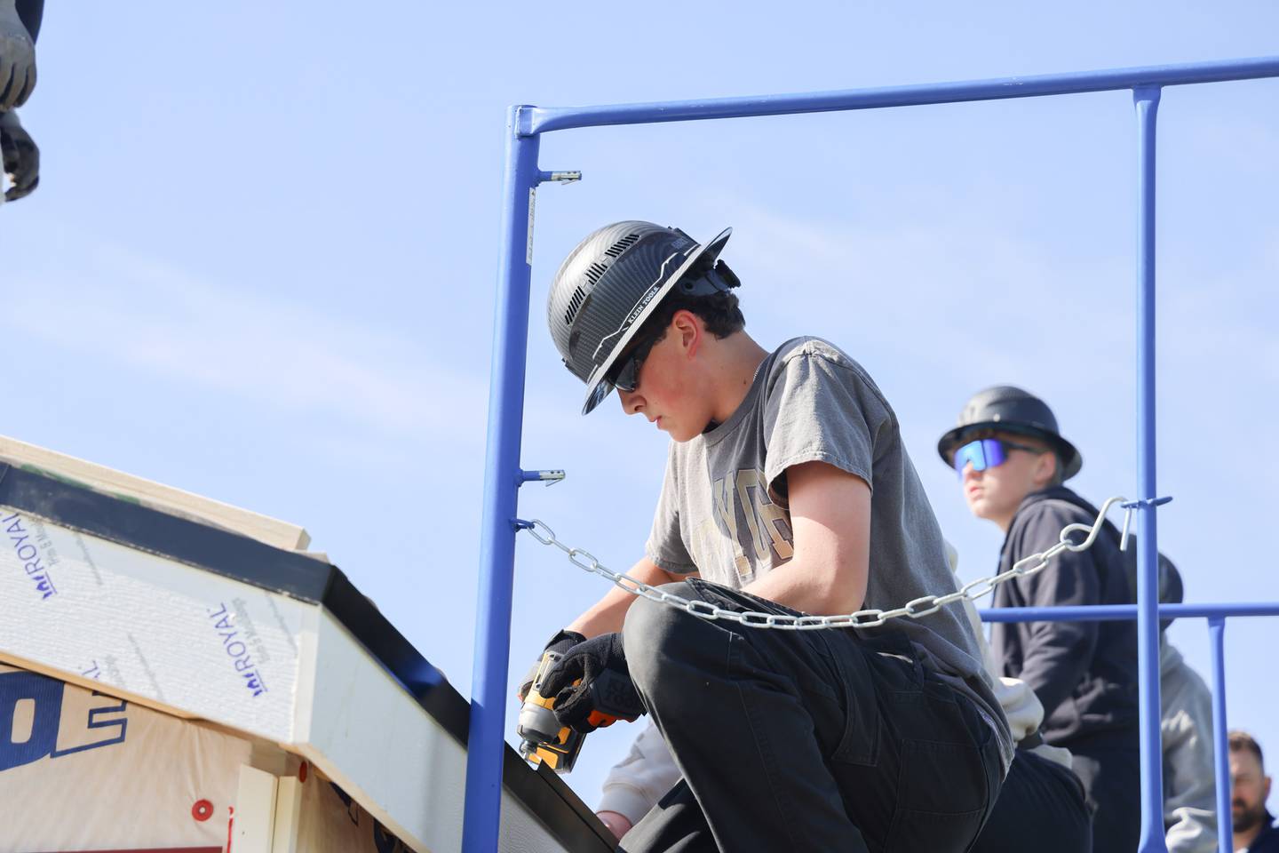 Damian Kaczor, left and Patrick Przybylko, both Huntley High School sophomores, work on a GeoCon build in Huntley Friday, May 8, 2026.