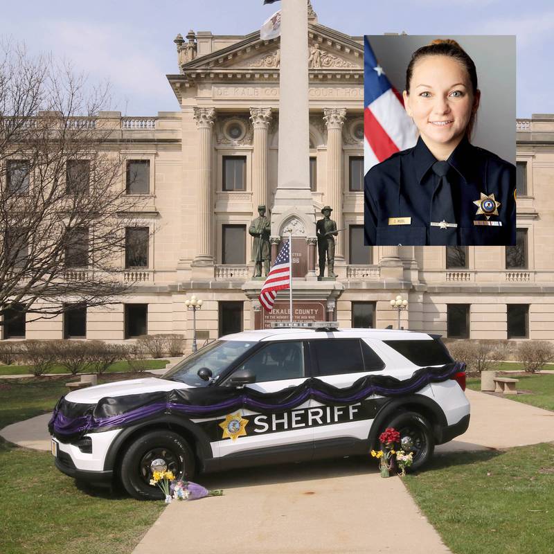 A DeKalb County Sheriff’s vehicle with black and purple bunting sits in front of the DeKalb County Courthouse in Sycamore Friday, March 29, 2024, as a memorial to DeKalb County Sheriff’s Deputy Christina Musil, 35, who died in a crash while working a shift Thursday night.