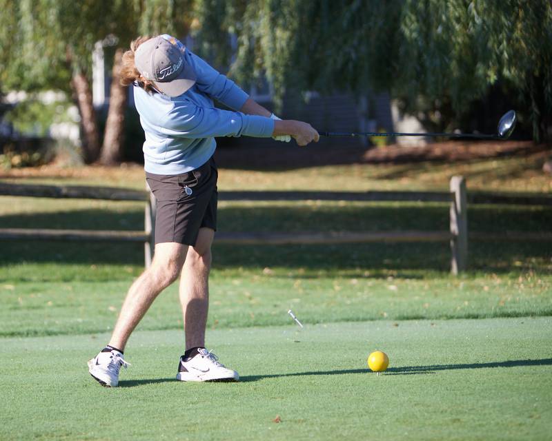 Dundee Crown's Jared Russel hits a tee shot at the Cary-Grove Boy's Golf Invite at Foxford Hills Golf Club on Saturday, Sept. 9, 2023, in Cary.
