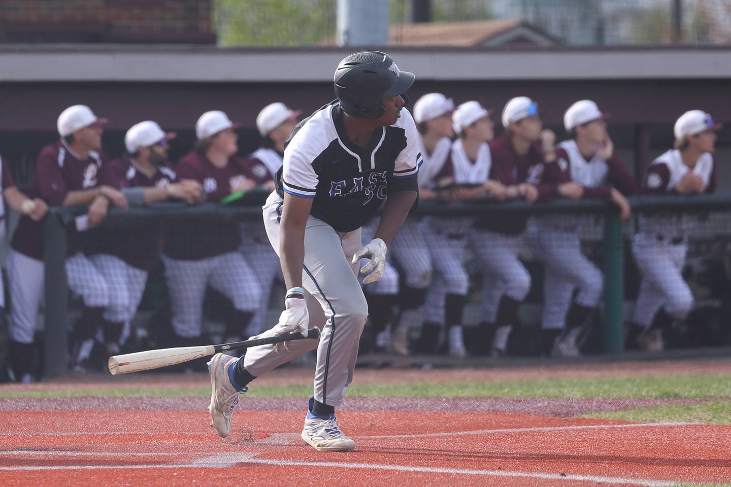 Lincoln-Way East’s Justyn Hart watches the ball clear the fence for a two run homer against Lockport on Monday, April 22, 2024 in Lockport.