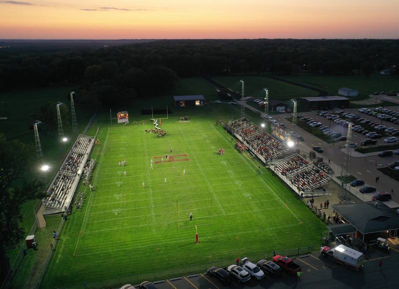 An aerial view of Richard Nesti Stadium on Homecoming night as the Red Devils play Illinois Valley Central on Friday, Sept. 29, 2023 at Richard Nesti Stadium.