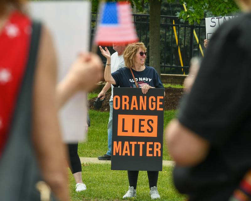 A community member holds a sign reading “Orange lies matters” during the No Kings rally in Lisle on Saturday June 14, 2025, held on Ogden Ave. near the Tesla dealership.