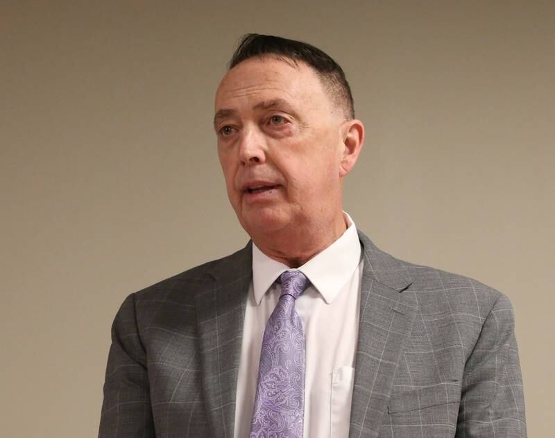 Illinois Valley Community College Board of Trustees candidate Jay McCracken speaks during a candidate forum on Wednesday, March 22, 2023 at IVCC.