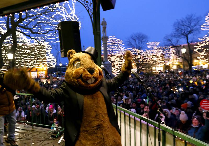 Woodstock Willie idances to the music of Die Musik Meisters on Sunday, Feb. 2, 2025, during the annual Groundhog Day Prognostication in the Woodstock Square.