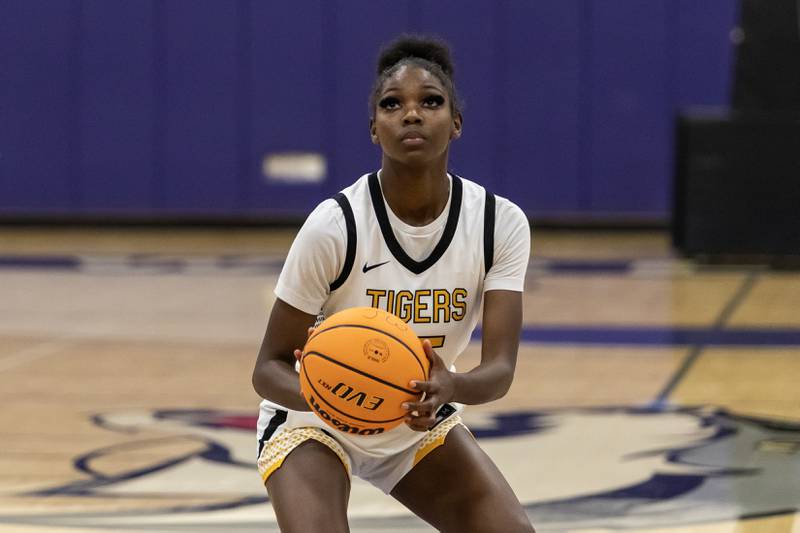 Joliet West's Temperance Jackson takes a free throw during a WJOL Girls Basketball Tournament game against Tinley Park at Joliet Junior College on Nov. 18, 2025.