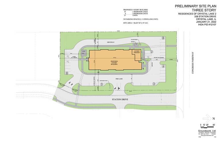 An aerial site plan for Station 338, a proposed second building at the Residences at Crystal Lake senior living complex. Conceptual plans for the 27-unit building were submitted to both the Crystal Lake Planning and Zoning Commission, as well as the Illinois Housing Development Agency, in April of 2022.