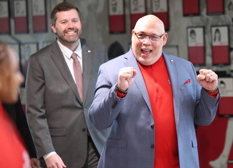 Northern Illinois University Vice President/Director of Athletics and Recreation, Sean Frazier, (right) leads in Matt Majkrzak, new NIU men’s head basketball coach, Tuesday, March 24, 2026, during a press conference to introduce Majkrzak in the Convocation Center at NIU in DeKalb.